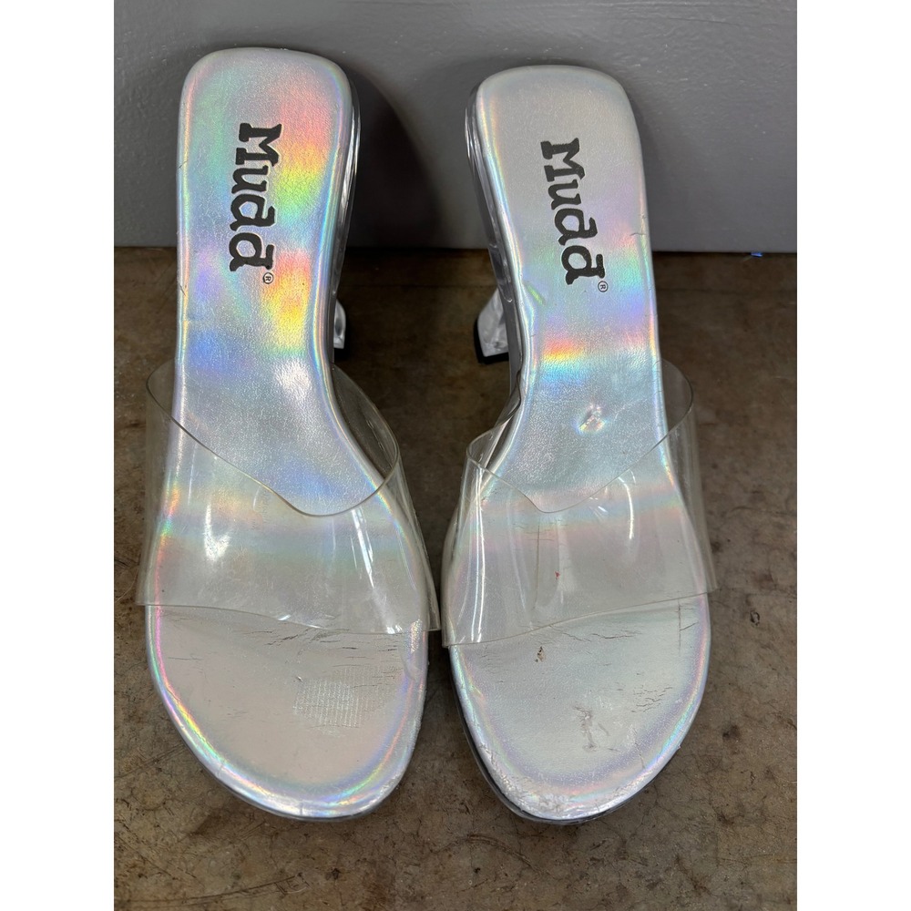 Mudd Vintage Y2K Holographic Iridescent Clear Lucite Heel Platform Sandals 90s
